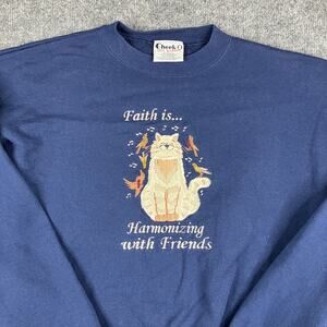 Cheek-O Sweatshirt Mens XXL Blue Cat Graphic Faith Quote Vintage